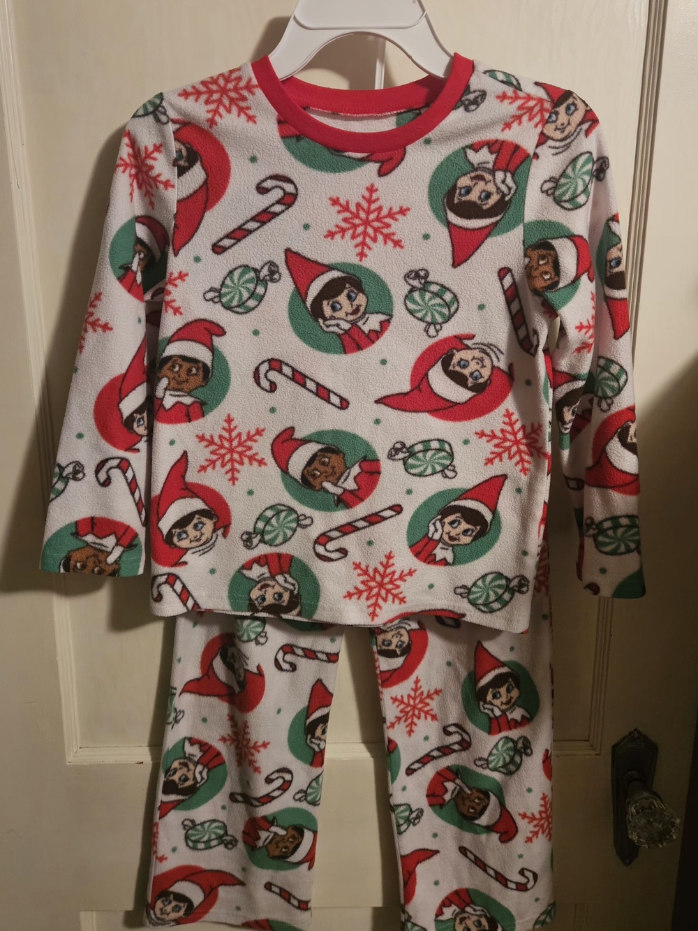 Kids Holiday Elf Print Pajama Set - White/Red/Green